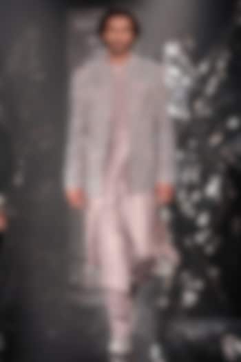 Rose Steel Silk Matka Metallic Embroidered Bandhgala Set by Rohit Gandhi & Rahul Khanna Men