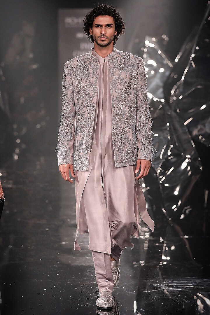 Rose Steel Silk Matka Metallic Embroidered Bandhgala Set by Rohit Gandhi & Rahul Khanna Men