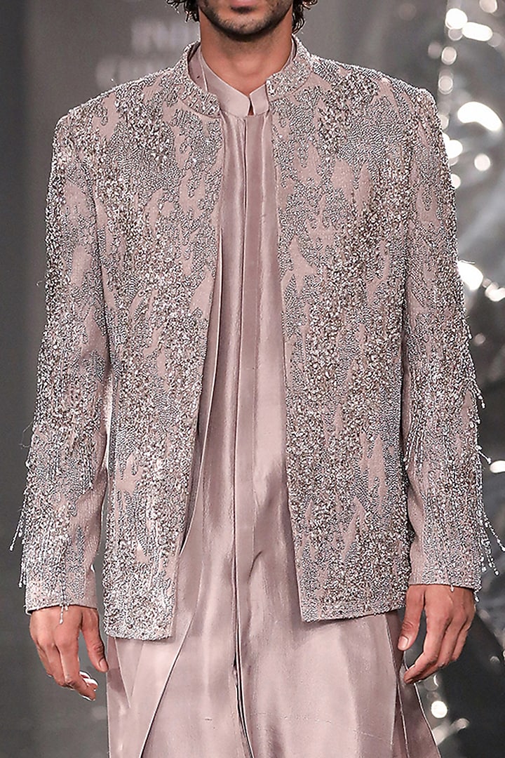 Rose Steel Silk Matka Metallic Embroidered Groom Bandhgala Set by Rohit Gandhi & Rahul Khanna Men at Pernia's Pop Up Shop