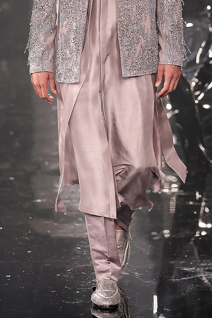 Rose Steel Silk Matka Metallic Embroidered Groom Bandhgala Set by Rohit Gandhi & Rahul Khanna Men at Pernia's Pop Up Shop