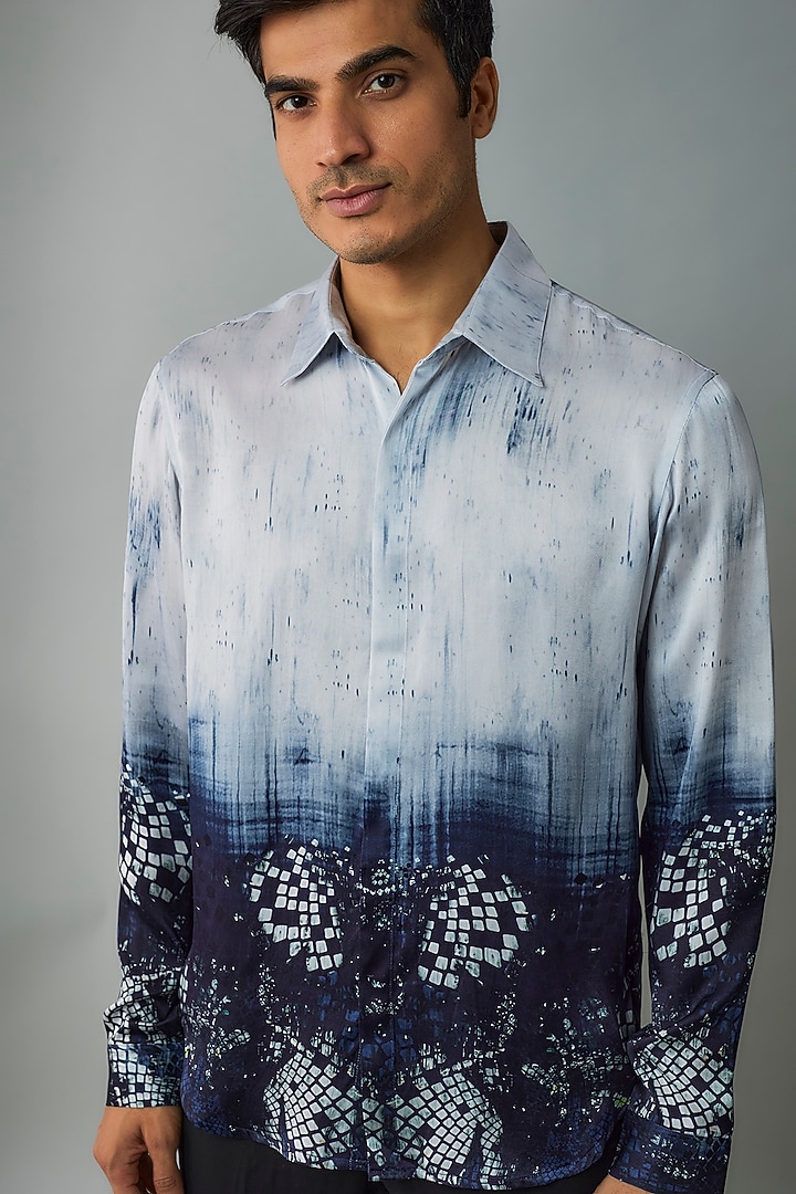 Arctic Blue Satin Printed Wedding Shirt by Rohit Gandhi & Rahul Khanna Men at Pernia's Pop Up Shop