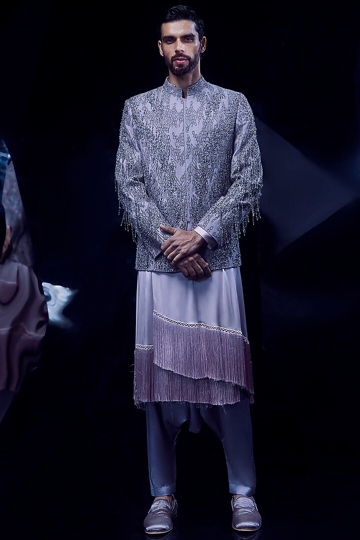 Rose Steel Silk Matka Crystal Embroidered Groom Bandhgala Set by Rohit Gandhi & Rahul Khanna Men at Pernia's Pop Up Shop
