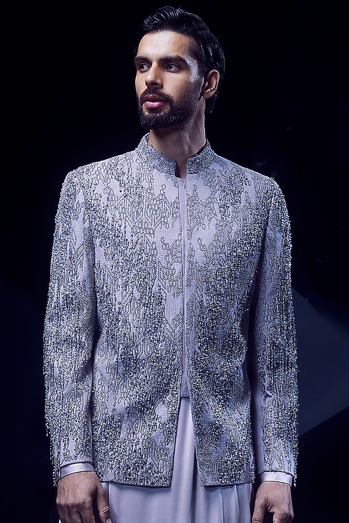 Rose Steel Silk Matka Crystal Embroidered Groom Bandhgala Set by Rohit Gandhi & Rahul Khanna Men at Pernia's Pop Up Shop