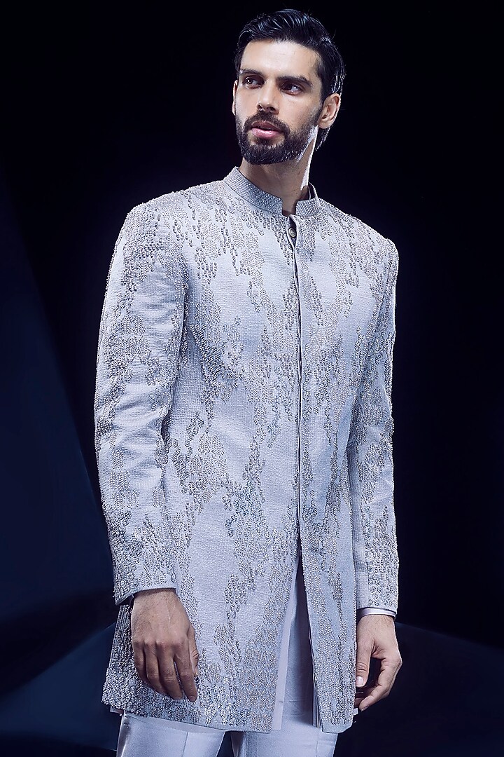 Rose Steel Silk Velvet Bead Embroidered Groom Sherwani Set by Rohit Gandhi & Rahul Khanna Men at Pernia's Pop Up Shop