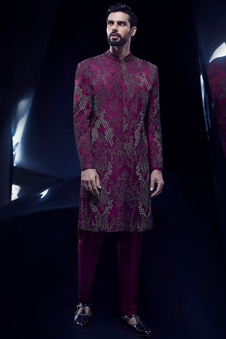 Garnet Viscose Dupion Bead Embroidered Sherwani Set by Rohit Gandhi & Rahul Khanna Men