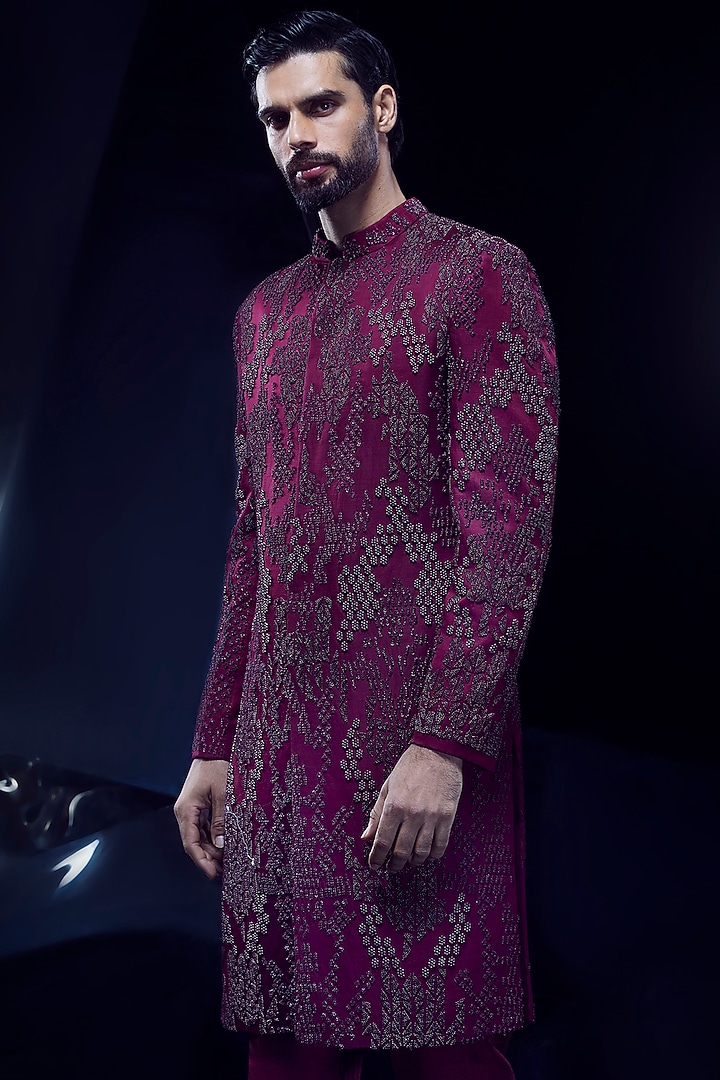 Garnet Viscose Dupion Bead Embroidered Groom Sherwani Set by Rohit Gandhi & Rahul Khanna Men at Pernia's Pop Up Shop