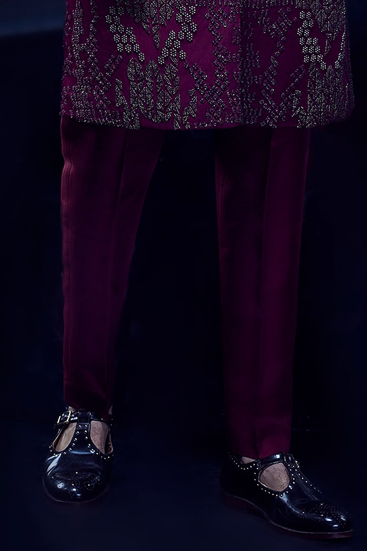 Garnet Viscose Dupion Bead Embroidered Groom Sherwani Set by Rohit Gandhi & Rahul Khanna Men at Pernia's Pop Up Shop