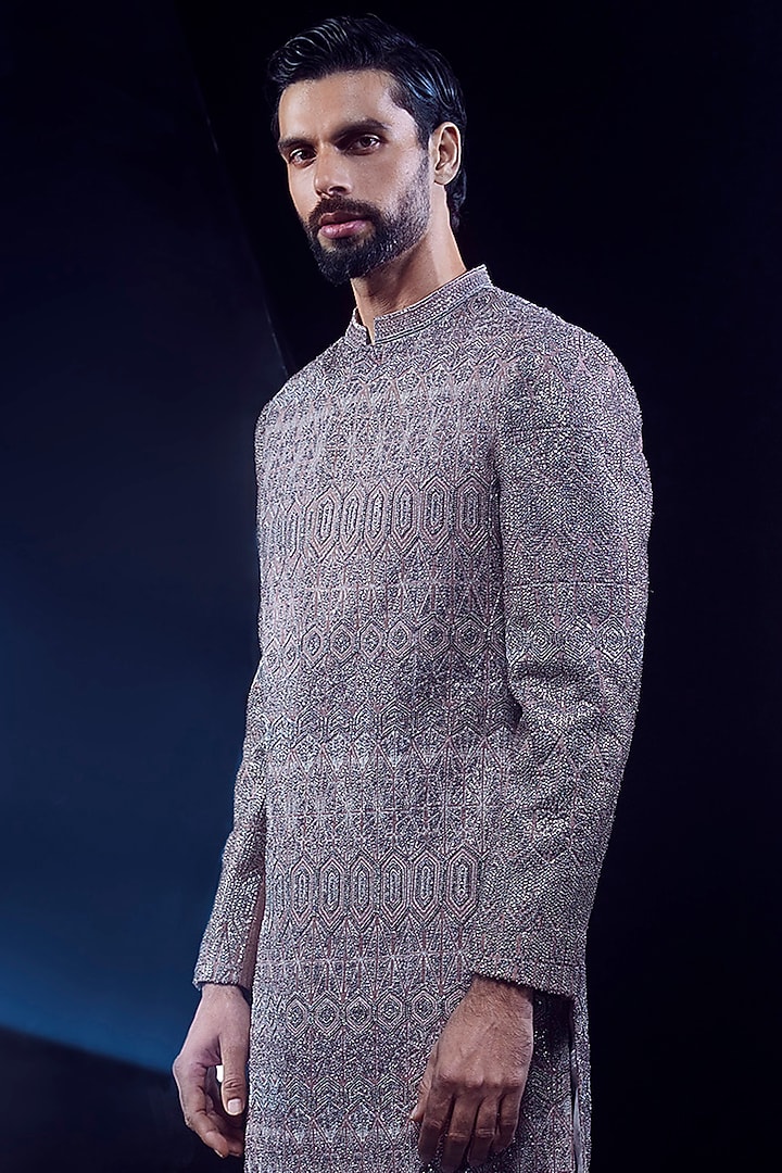 Gold Stone Viscose Dupion Embroidered Groom Sherwani Set by Rohit Gandhi & Rahul Khanna Men at Pernia's Pop Up Shop