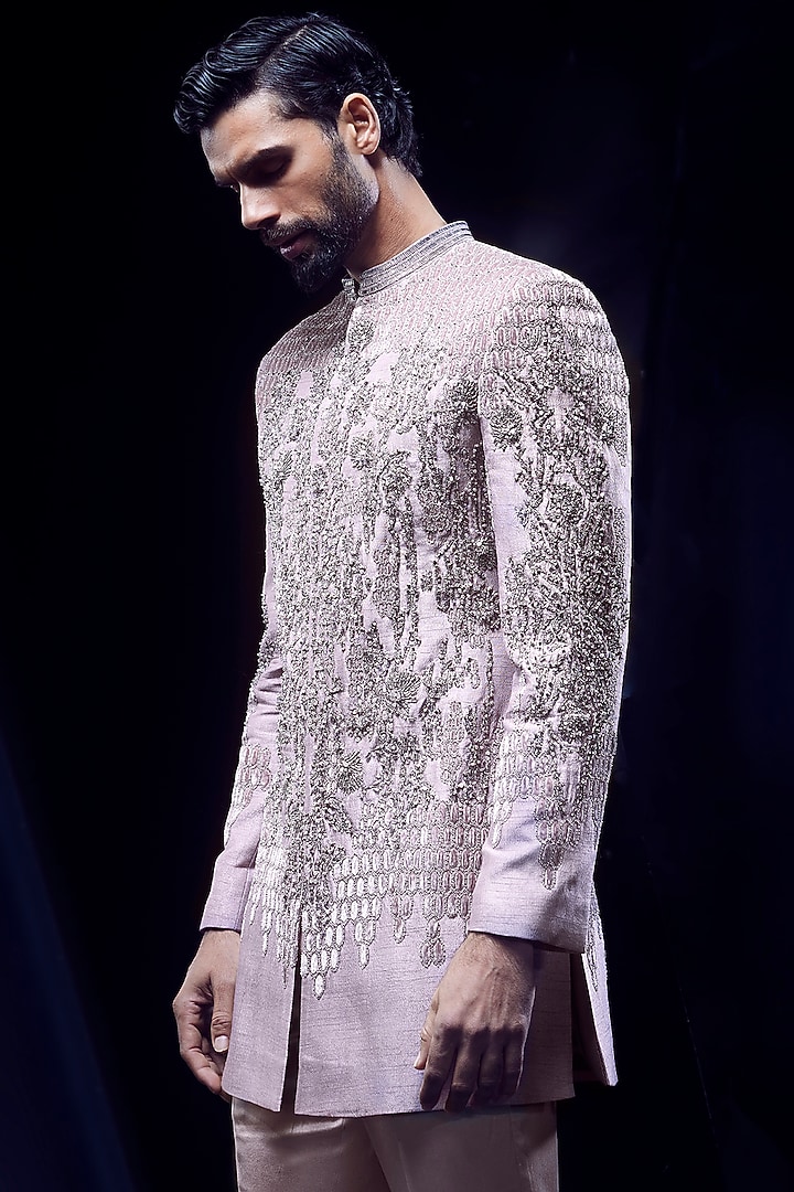 Stand Stone Viscose Dupion Motif Embroidered Groom Bandhgala Set by Rohit Gandhi & Rahul Khanna Men at Pernia's Pop Up Shop
