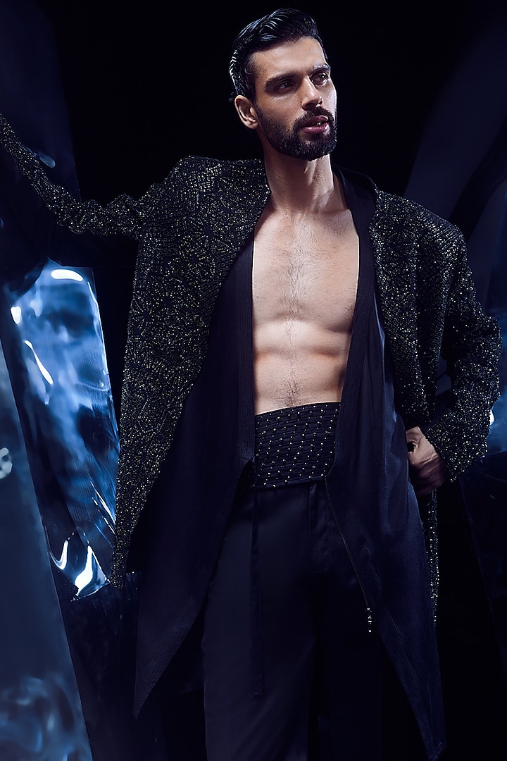 Black Crepe Bead Embroidered Groom Bandhgala Set by Rohit Gandhi & Rahul Khanna Men at Pernia's Pop Up Shop