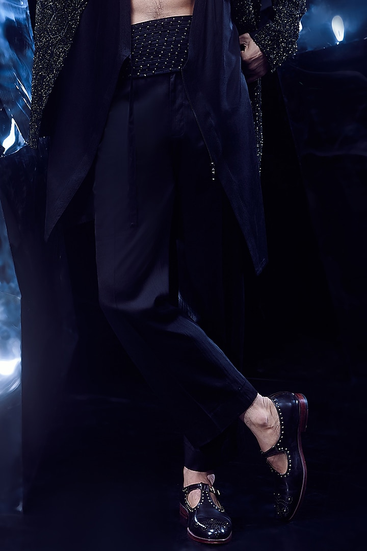 Black Crepe Bead Embroidered Groom Bandhgala Set by Rohit Gandhi & Rahul Khanna Men at Pernia's Pop Up Shop
