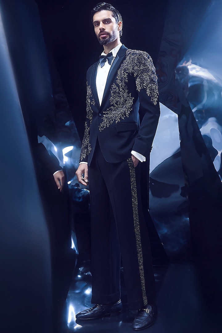 Black Crepe Metallic Embroidered Tuxedo Set by Rohit Gandhi & Rahul Khanna Men