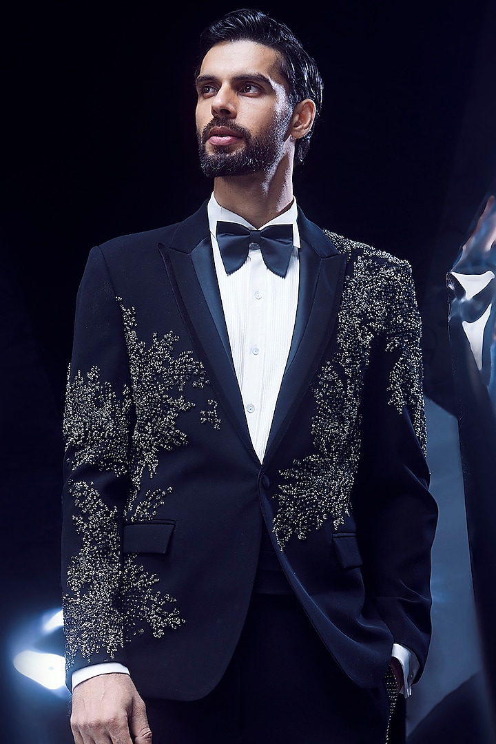 Black Crepe Metallic Embroidered Tuxedo Set by Rohit Gandhi & Rahul Khanna Men at Pernia's Pop Up Shop