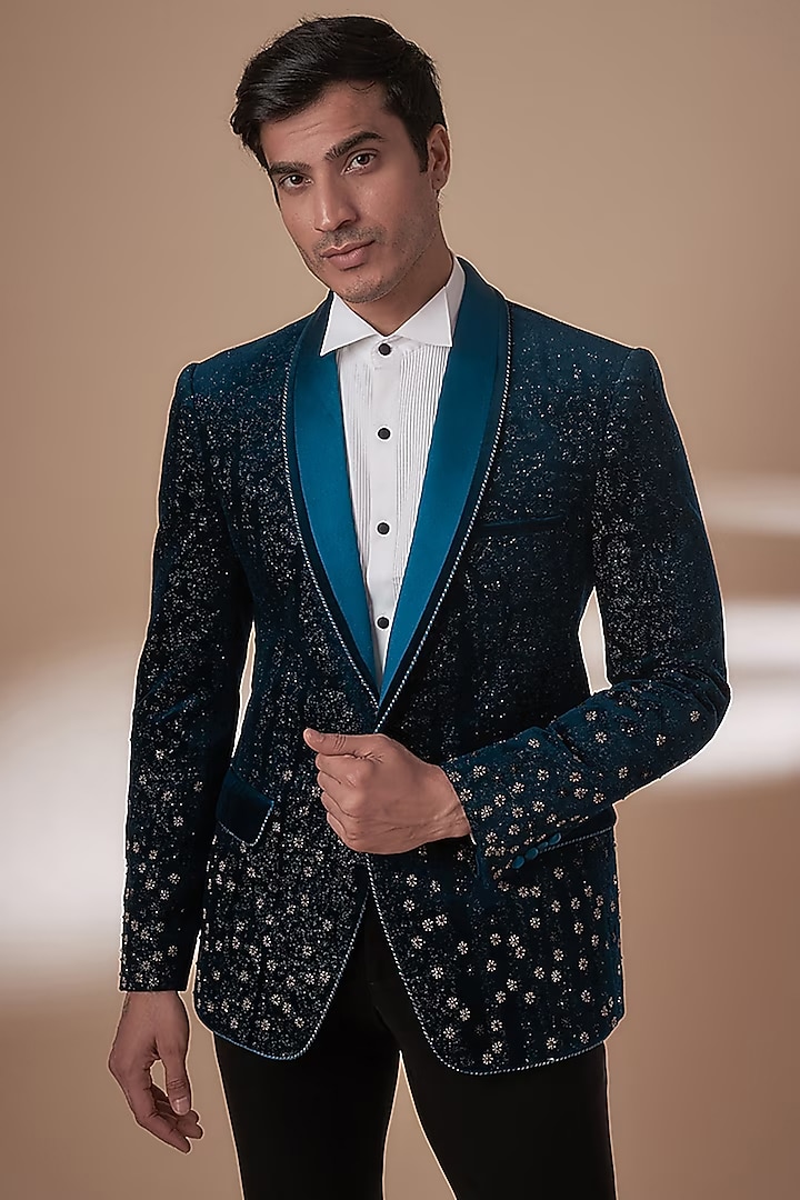 Galaxy Blue Wool Tuxedo Jacket by Rohit Gandhi & Rahul Khanna Men at Pernia's Pop Up Shop