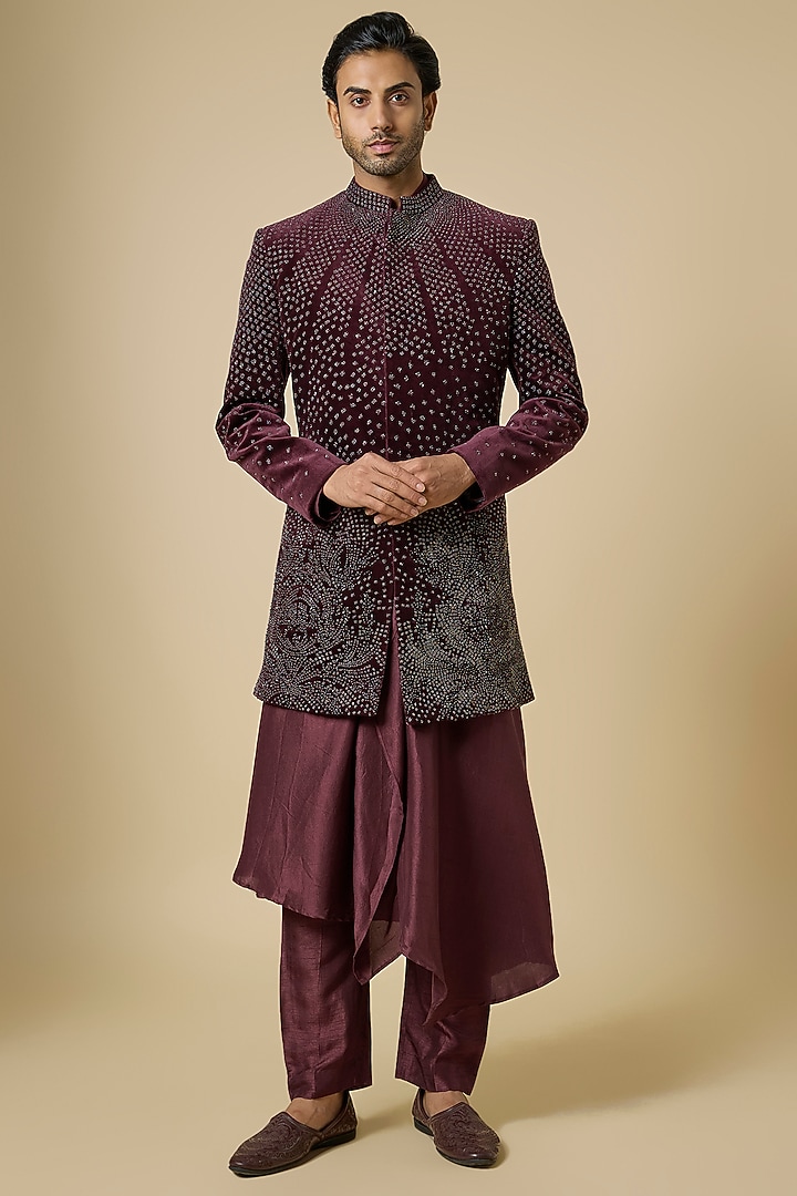Wine Velvet Groom Indowestern Set by Rohit Gandhi & Rahul Khanna Men at Pernia's Pop Up Shop