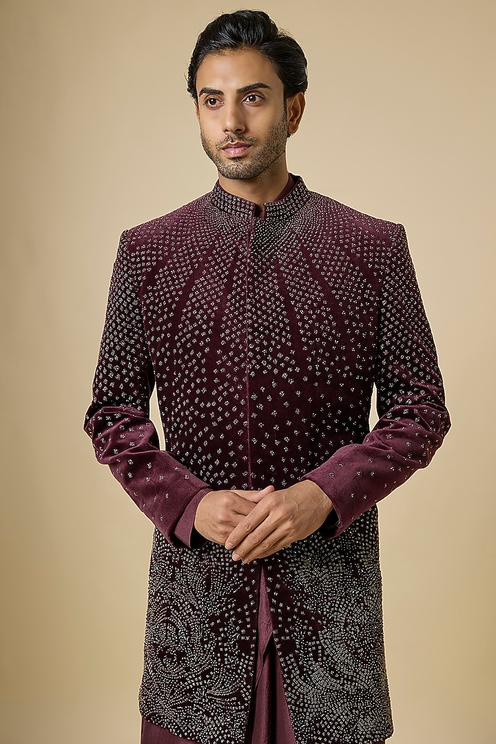 Wine Velvet Groom Indowestern Set by Rohit Gandhi & Rahul Khanna Men at Pernia's Pop Up Shop