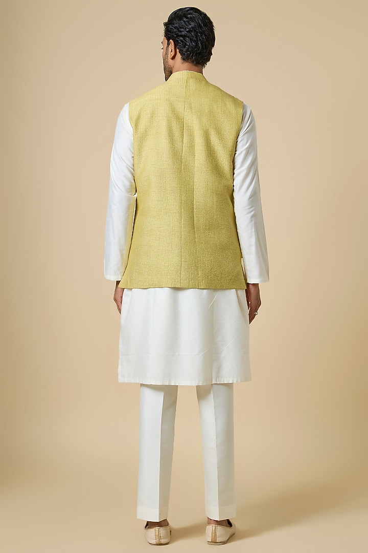 Leaf Green Silk Bundi Jacket Set by Rohit Gandhi & Rahul Khanna Men at Pernia's Pop Up Shop