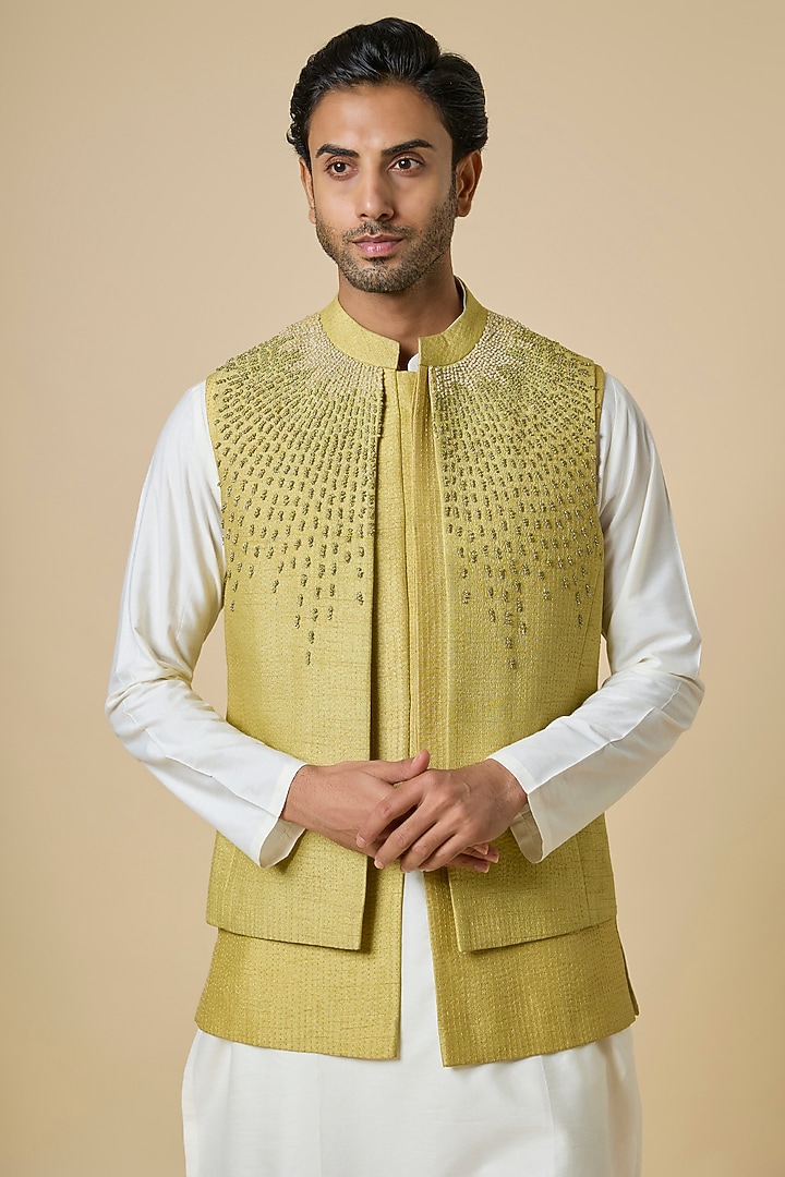 Leaf Green Silk Bundi Jacket Set by Rohit Gandhi & Rahul Khanna Men at Pernia's Pop Up Shop