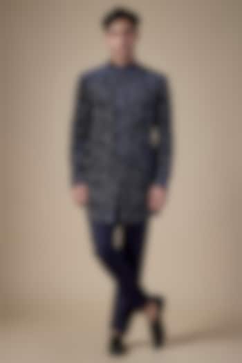 Midnight Blue Velvet Groom Sherwani by Rohit Gandhi & Rahul Khanna Men at Pernia's Pop Up Shop