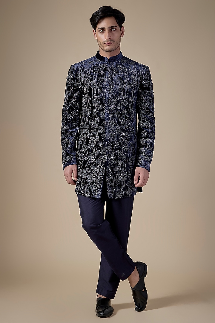 Midnight Blue Velvet Groom Sherwani by Rohit Gandhi & Rahul Khanna Men at Pernia's Pop Up Shop