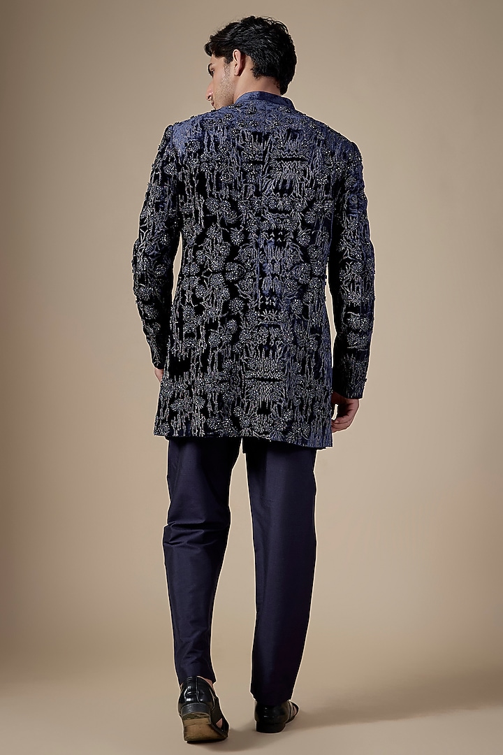 Midnight Blue Velvet Groom Sherwani by Rohit Gandhi & Rahul Khanna Men at Pernia's Pop Up Shop