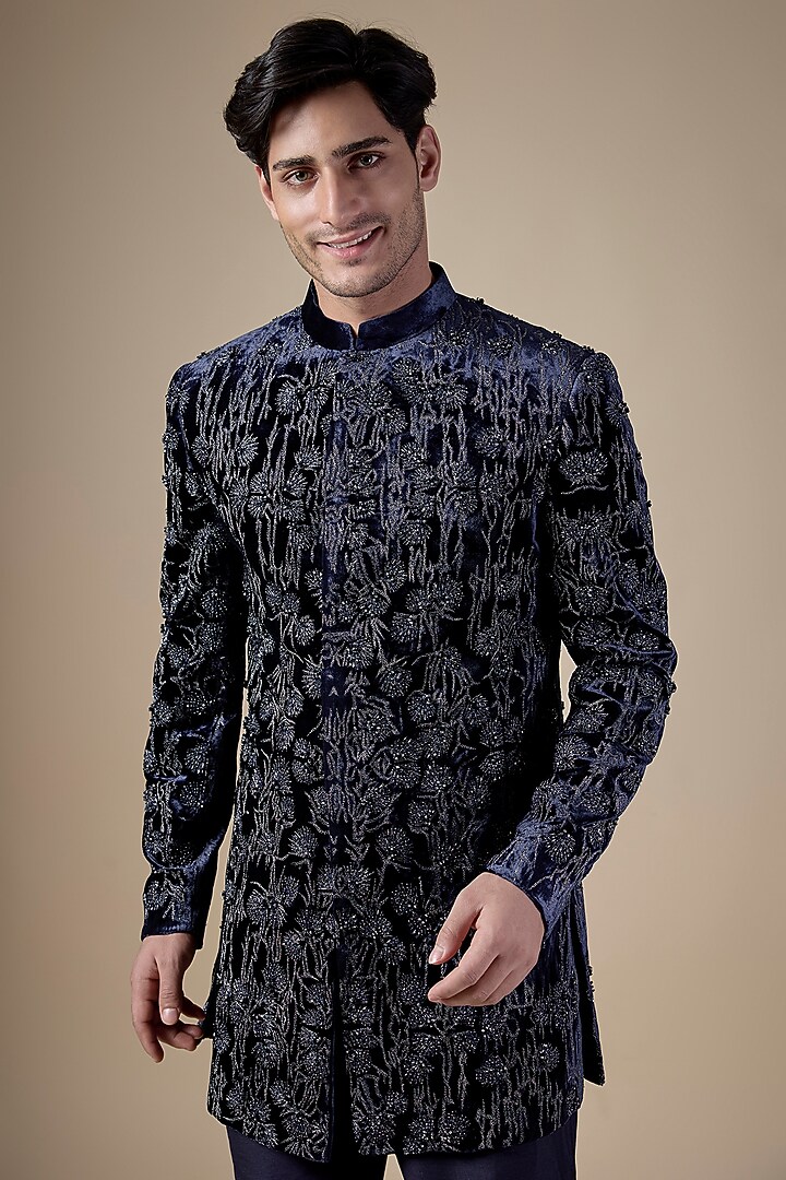 Midnight Blue Velvet Groom Sherwani by Rohit Gandhi & Rahul Khanna Men at Pernia's Pop Up Shop
