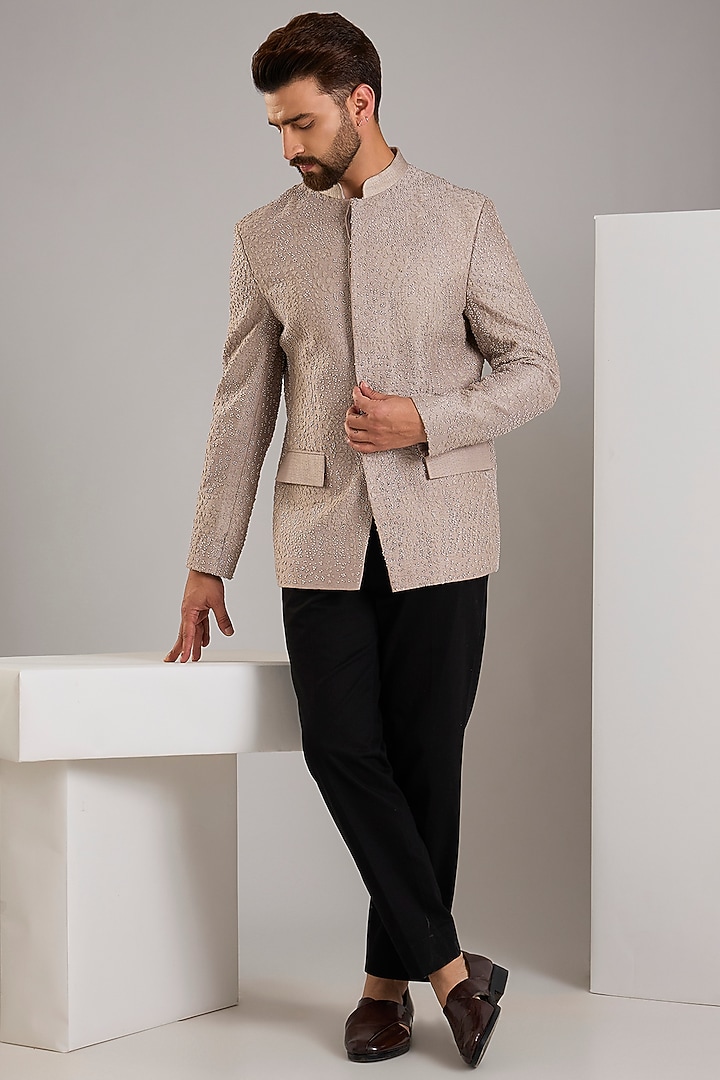 Taupe Silk Groom Bandhgala Jacket by Rohit Gandhi & Rahul Khanna Men at Pernia's Pop Up Shop