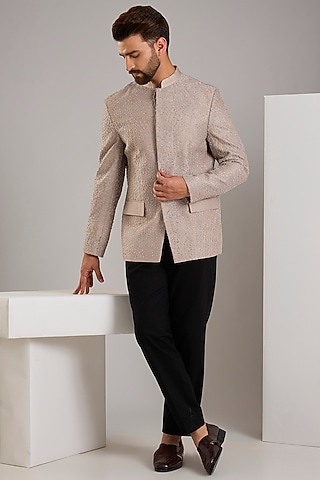 Taupe Silk Bandhgala Jacket by Rohit Gandhi & Rahul Khanna Men