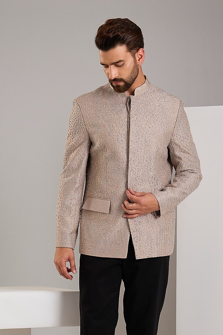 Taupe Silk Groom Bandhgala Jacket by Rohit Gandhi & Rahul Khanna Men at Pernia's Pop Up Shop