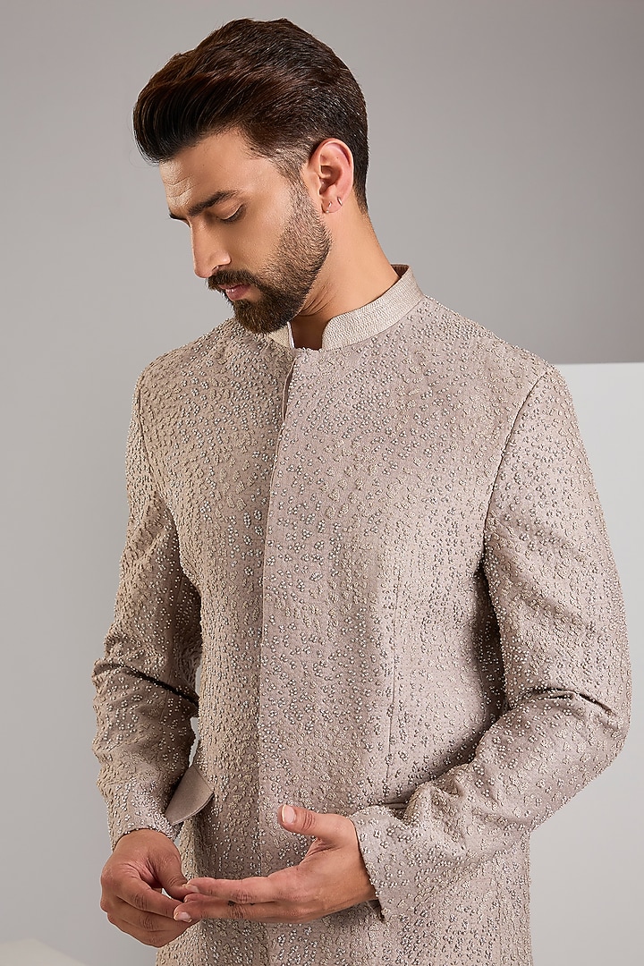 Taupe Silk Groom Bandhgala Jacket by Rohit Gandhi & Rahul Khanna Men at Pernia's Pop Up Shop