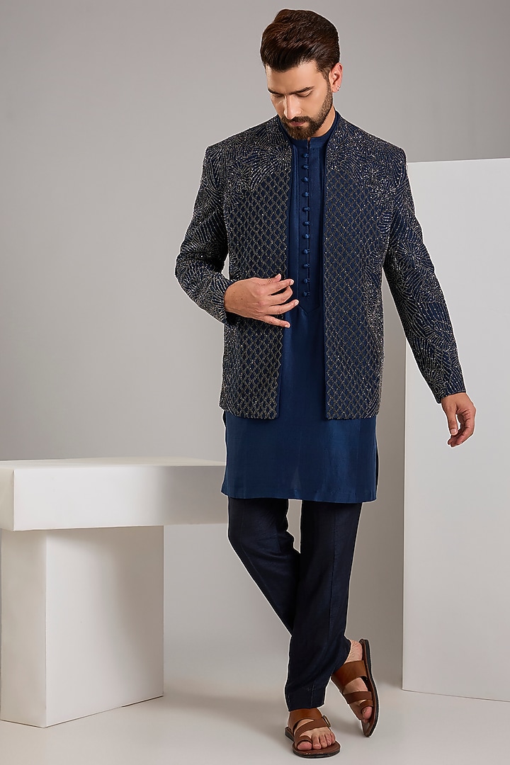 Navy Silk Groom Indowestern Jacket by Rohit Gandhi & Rahul Khanna Men at Pernia's Pop Up Shop