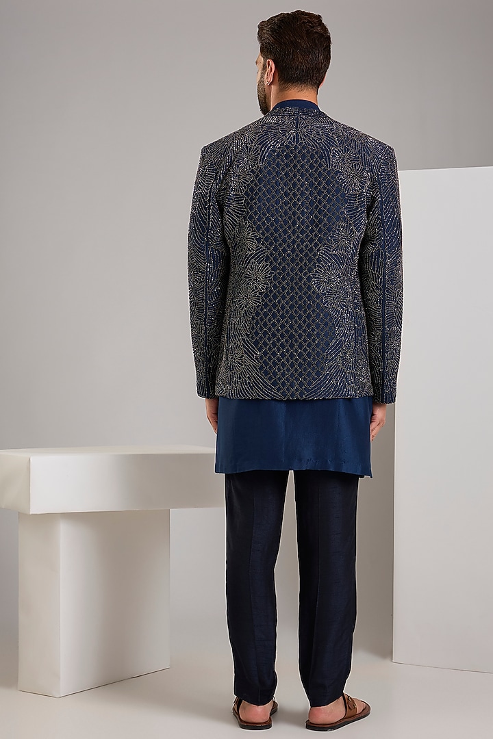 Navy Silk Groom Indowestern Jacket by Rohit Gandhi & Rahul Khanna Men at Pernia's Pop Up Shop