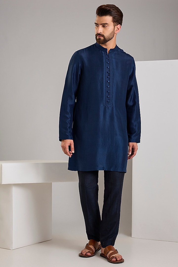 Navy Silk Groom Indowestern Jacket by Rohit Gandhi & Rahul Khanna Men at Pernia's Pop Up Shop