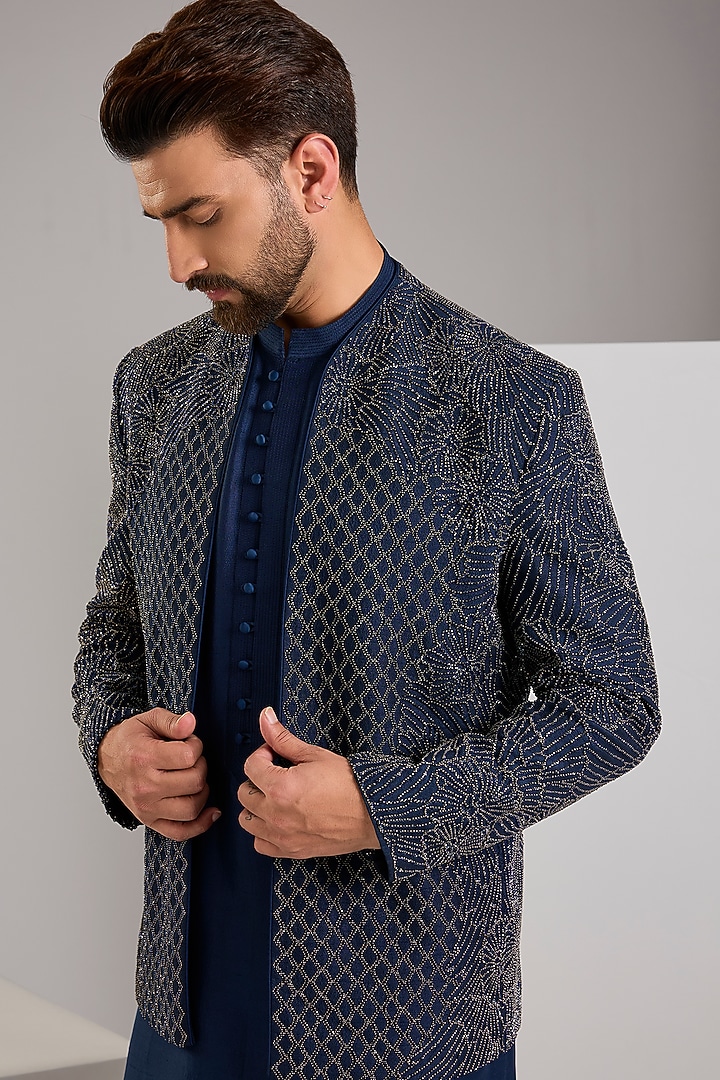 Navy Silk Groom Indowestern Jacket by Rohit Gandhi & Rahul Khanna Men at Pernia's Pop Up Shop