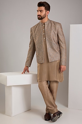 Taupe Silk Bandhgala Set by Rohit Gandhi & Rahul Khanna Men