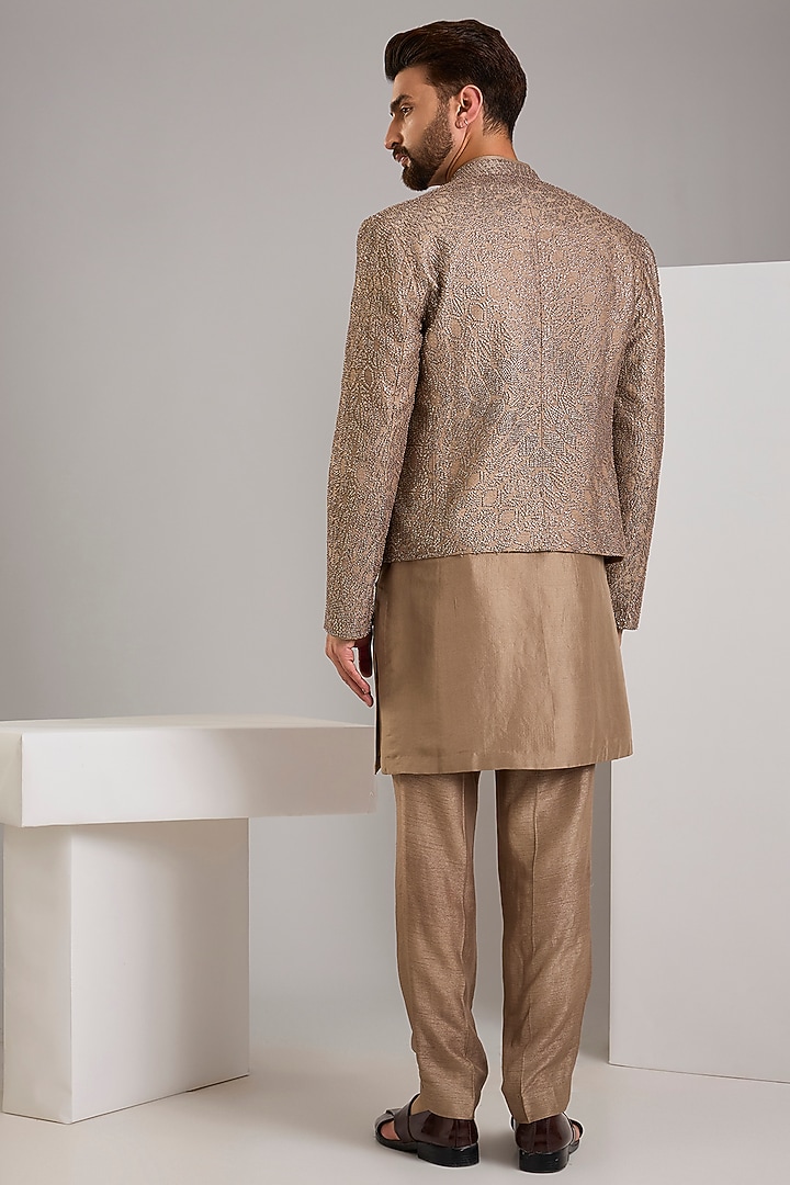Taupe Silk Groom Bandhgala Set by Rohit Gandhi & Rahul Khanna Men at Pernia's Pop Up Shop