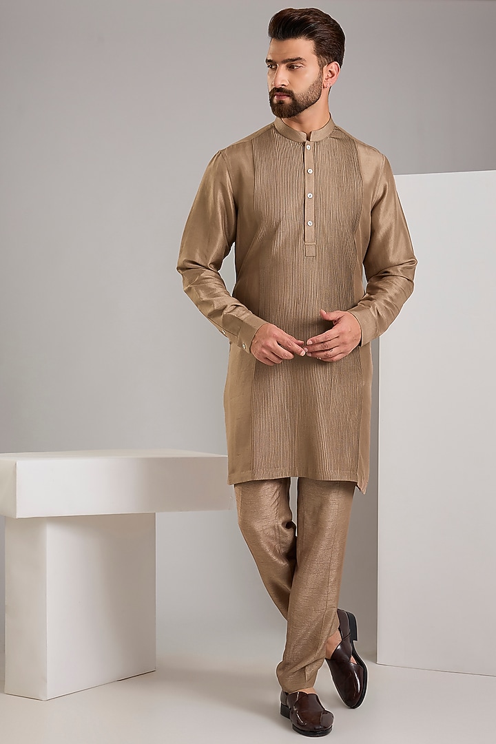 Taupe Silk Groom Bandhgala Set by Rohit Gandhi & Rahul Khanna Men at Pernia's Pop Up Shop
