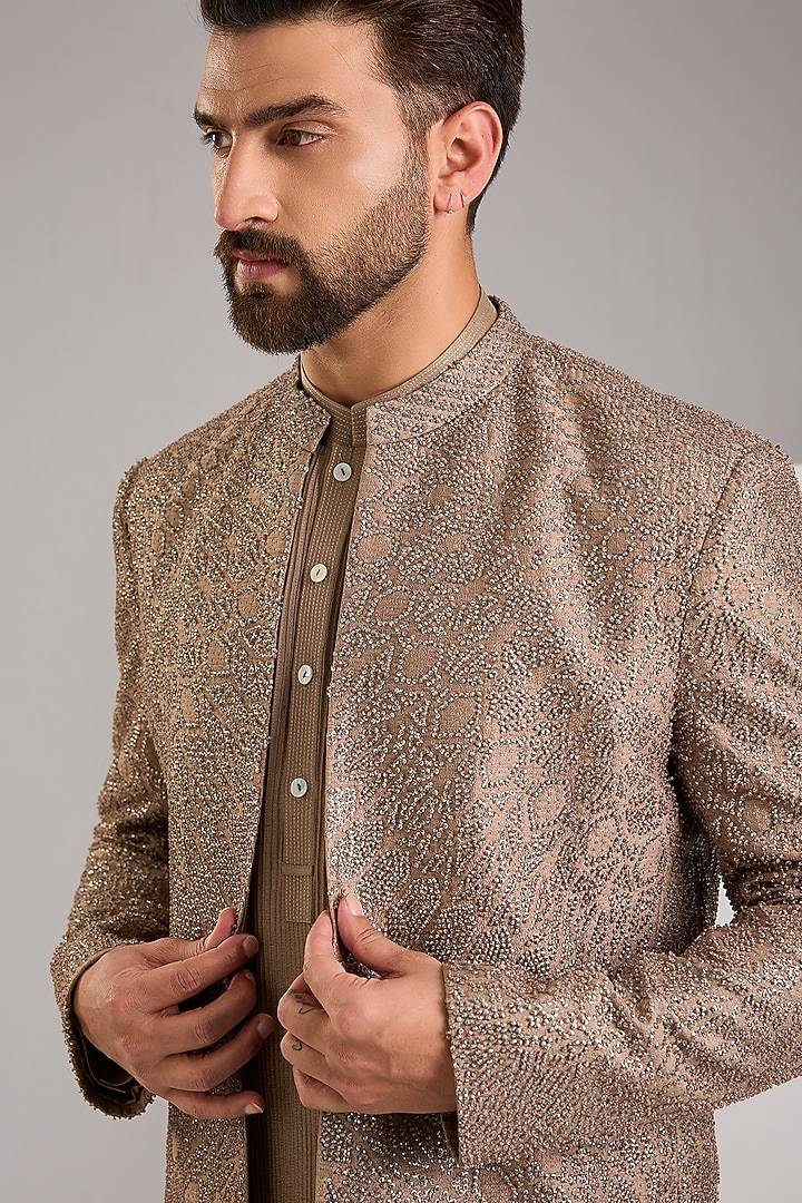 Taupe Silk Groom Bandhgala Set by Rohit Gandhi & Rahul Khanna Men at Pernia's Pop Up Shop