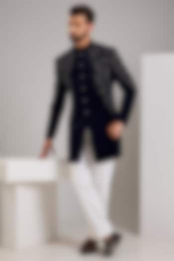 Midnight Blue Velvet Groom Sherwani by Rohit Gandhi & Rahul Khanna Men at Pernia's Pop Up Shop