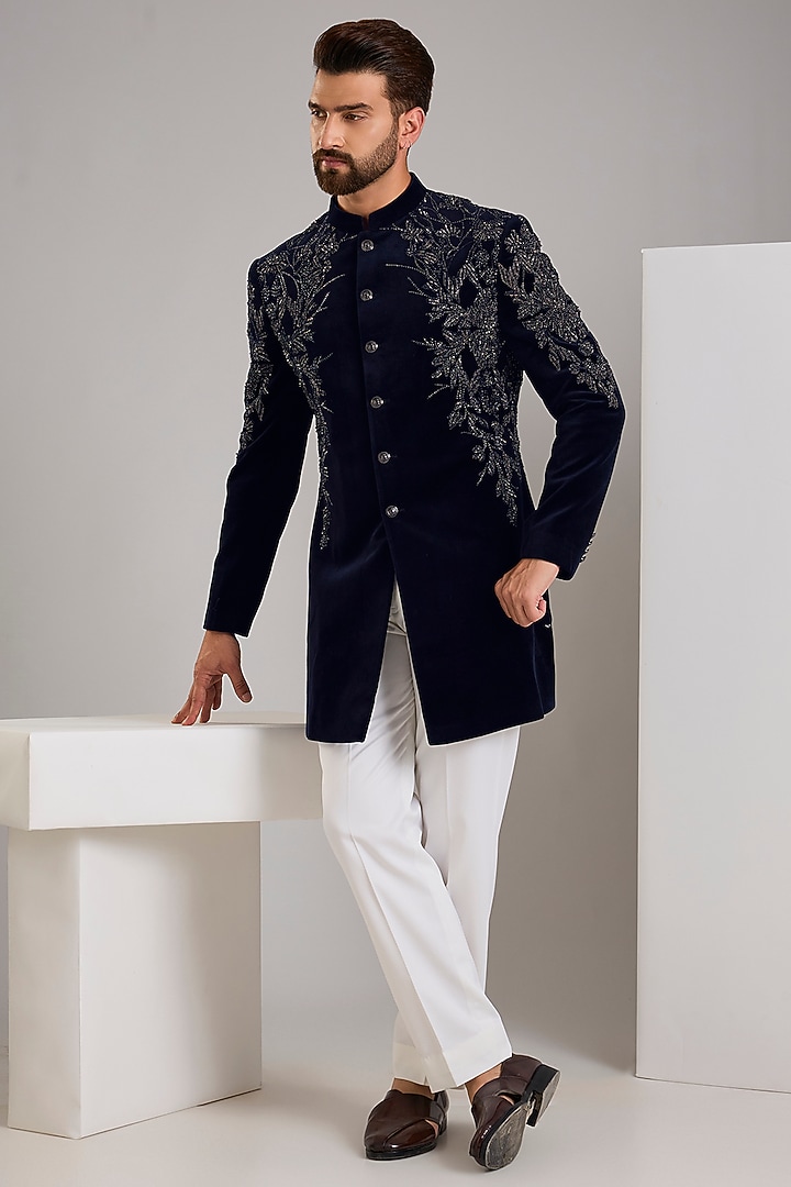 Midnight Blue Velvet Groom Sherwani by Rohit Gandhi & Rahul Khanna Men at Pernia's Pop Up Shop