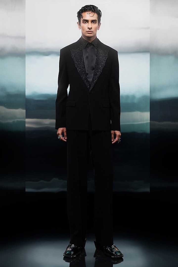 Black Crepe Beaded Tuxedo Set by Rohit Gandhi & Rahul Khanna Men at Pernia's Pop Up Shop
