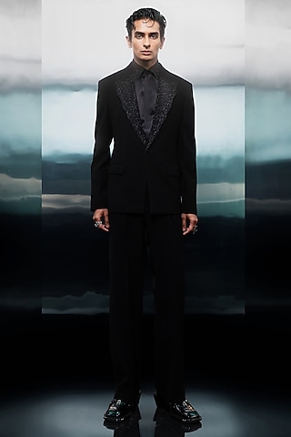 Black Crepe Beaded Tuxedo Set by Rohit Gandhi & Rahul Khanna Men