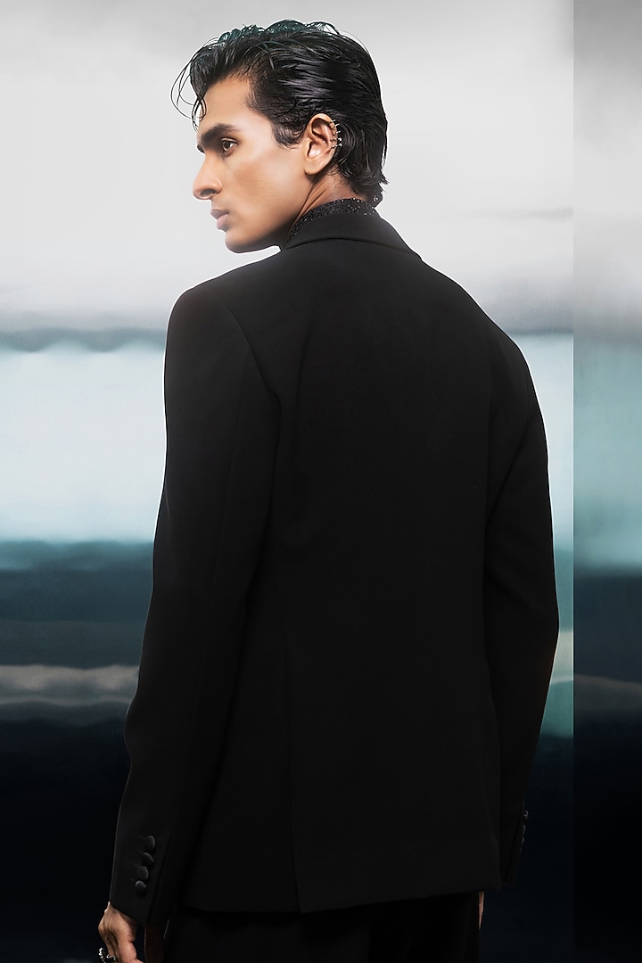 Black Crepe Beaded Tuxedo Set by Rohit Gandhi & Rahul Khanna Men at Pernia's Pop Up Shop
