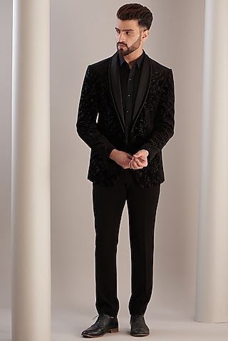 Black Silk Velvet Embellished Tuxedo Set by Rohit Gandhi & Rahul Khanna Men