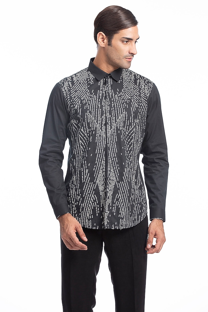 Black Cotton Printed Party Wear Shirt by Rohit Gandhi & Rahul Khanna Men at Pernia's Pop Up Shop