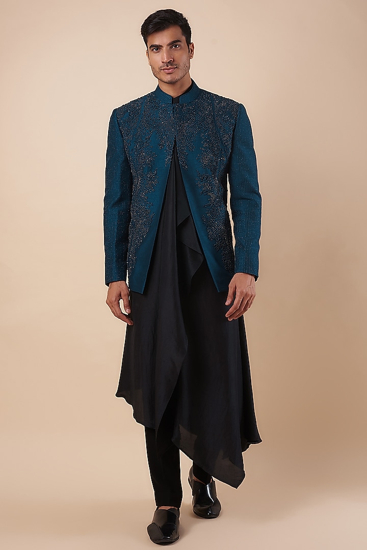 Blue Viscose Dupion Beads & Metallic Embroidered Indowestern Jacket by Rohit Gandhi & Rahul Khanna Men at Pernia's Pop Up Shop