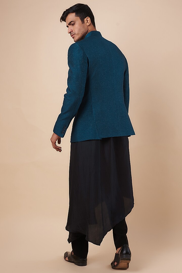 Blue Viscose Dupion Beads & Metallic Embroidered Groom Indowestern Jacket by Rohit Gandhi & Rahul Khanna Men at Pernia's Pop Up Shop