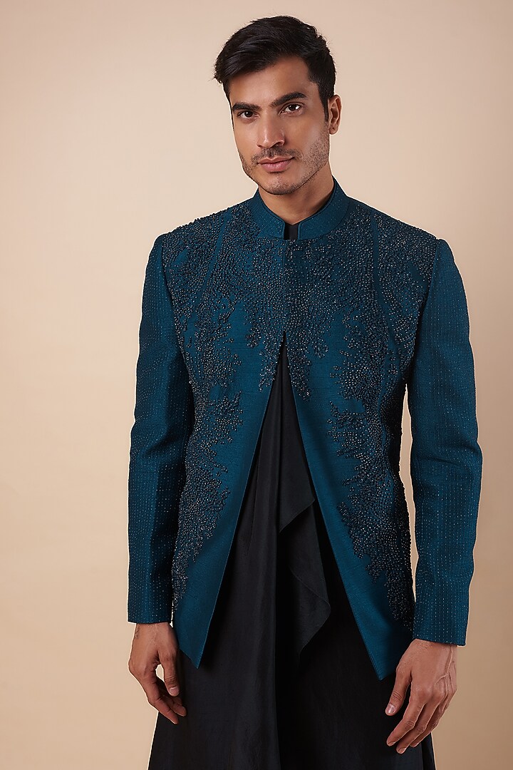 Blue Viscose Dupion Beads & Metallic Embroidered Groom Indowestern Jacket by Rohit Gandhi & Rahul Khanna Men at Pernia's Pop Up Shop