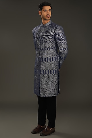 Slate Blue Silk Dupion Crystal Embroidered Indo Western Jacket Set by Rohit Gandhi & Rahul Khanna Men