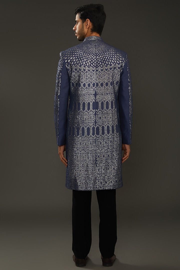 Slate Blue Silk Dupion Crystal Embroidered Indo Western Jacket Set by Rohit Gandhi & Rahul Khanna Men at Pernia's Pop Up Shop